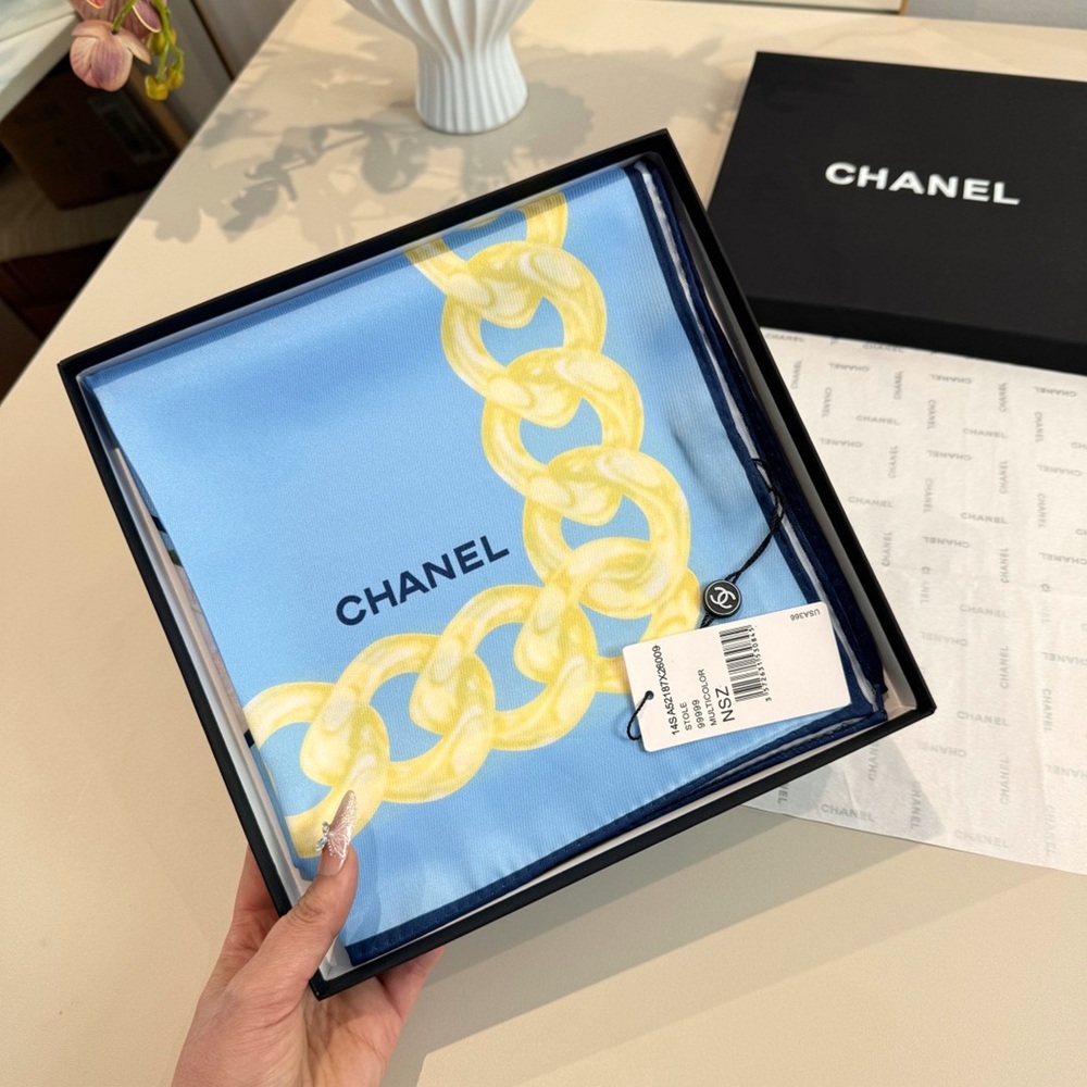 CHANEL Sky Blue Gilded Chain Silk Scarf